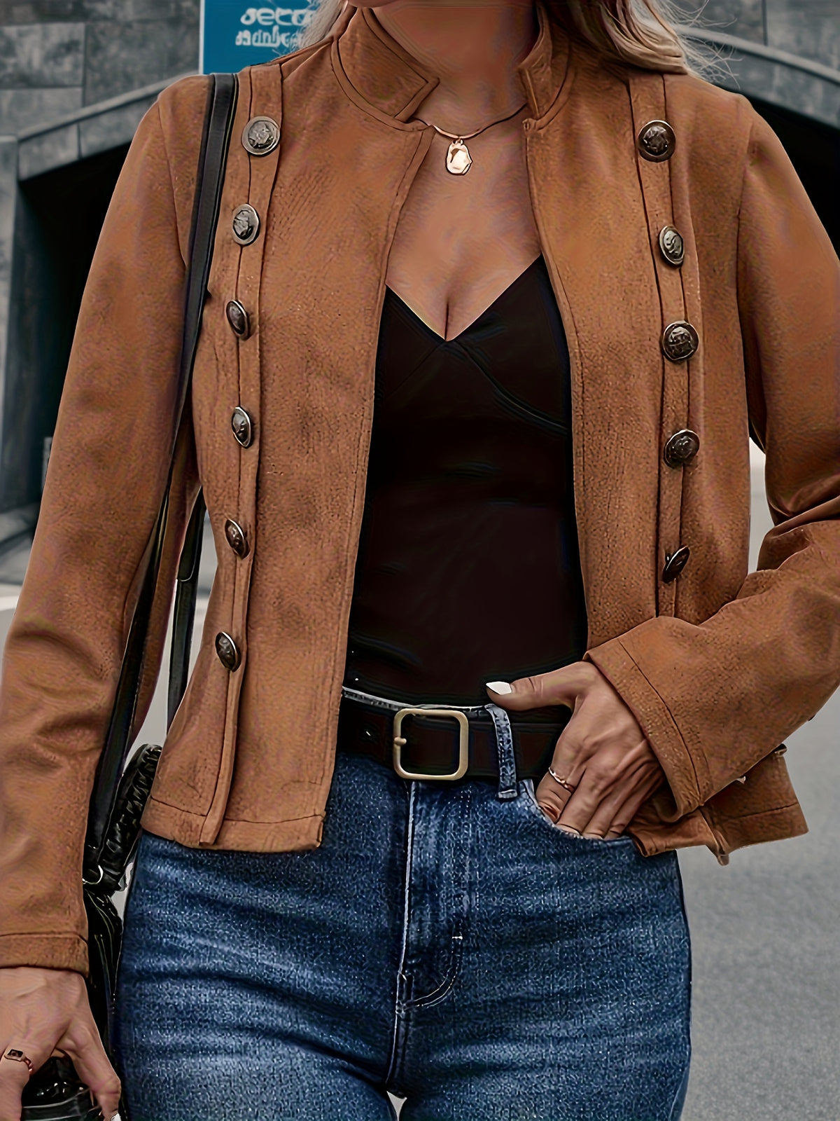 Women's Vintage Double Breasted Jacket Long Sleeve Woven Outwear Elegant Coat Spring Fall S-XXL