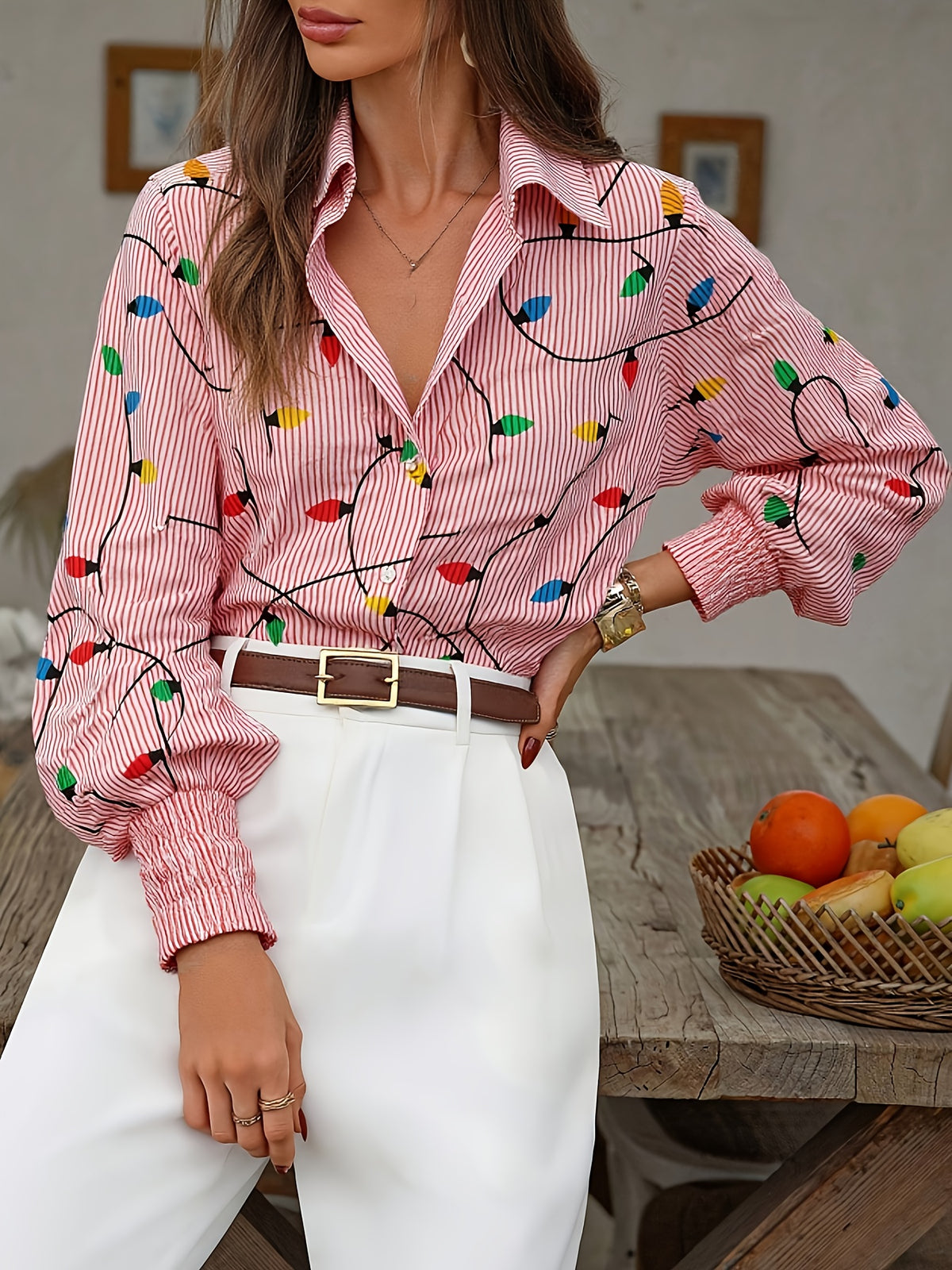 Christmas Lantern Print Shirt Women Pink Holiday Button Top Casual Loose Festive