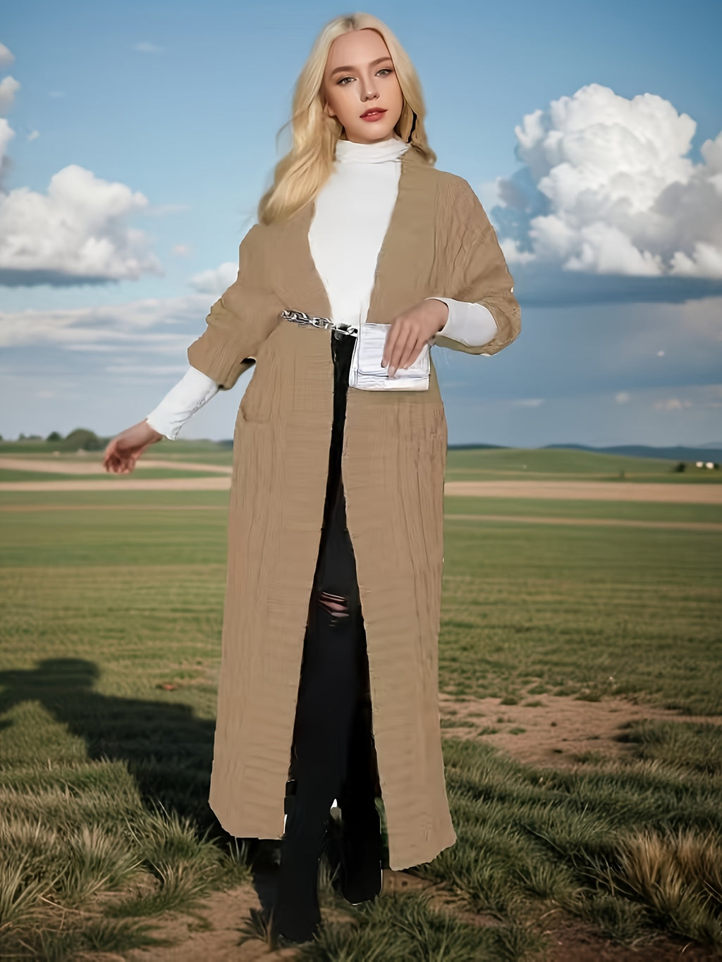 Longline Cardigan Women Oversized Drop Shoulder Open Front Knit Coat | Solid Color Textured Baggy Sweater with Pockets for Fall Winter Daily Wear
