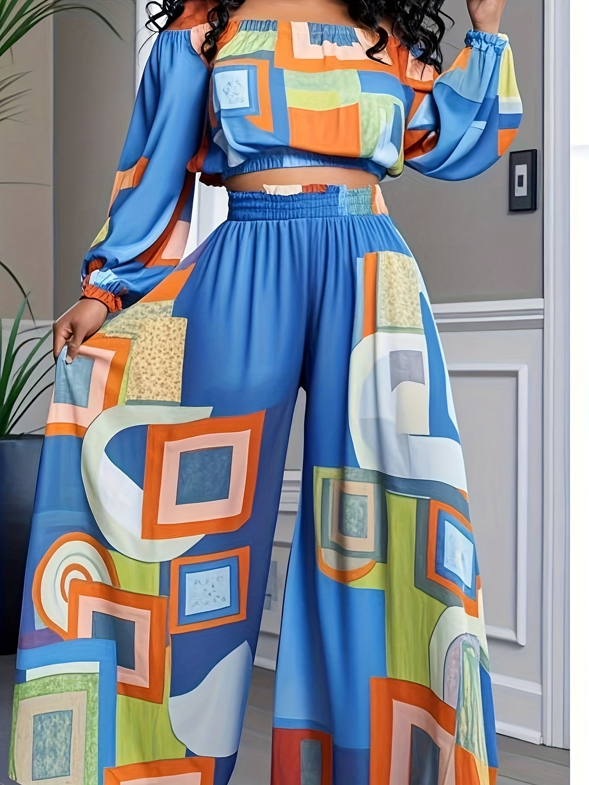 Women's Boho Print Crop Top and Wide Leg Pants 2-Piece Set Casual Summer Beach S-XXL