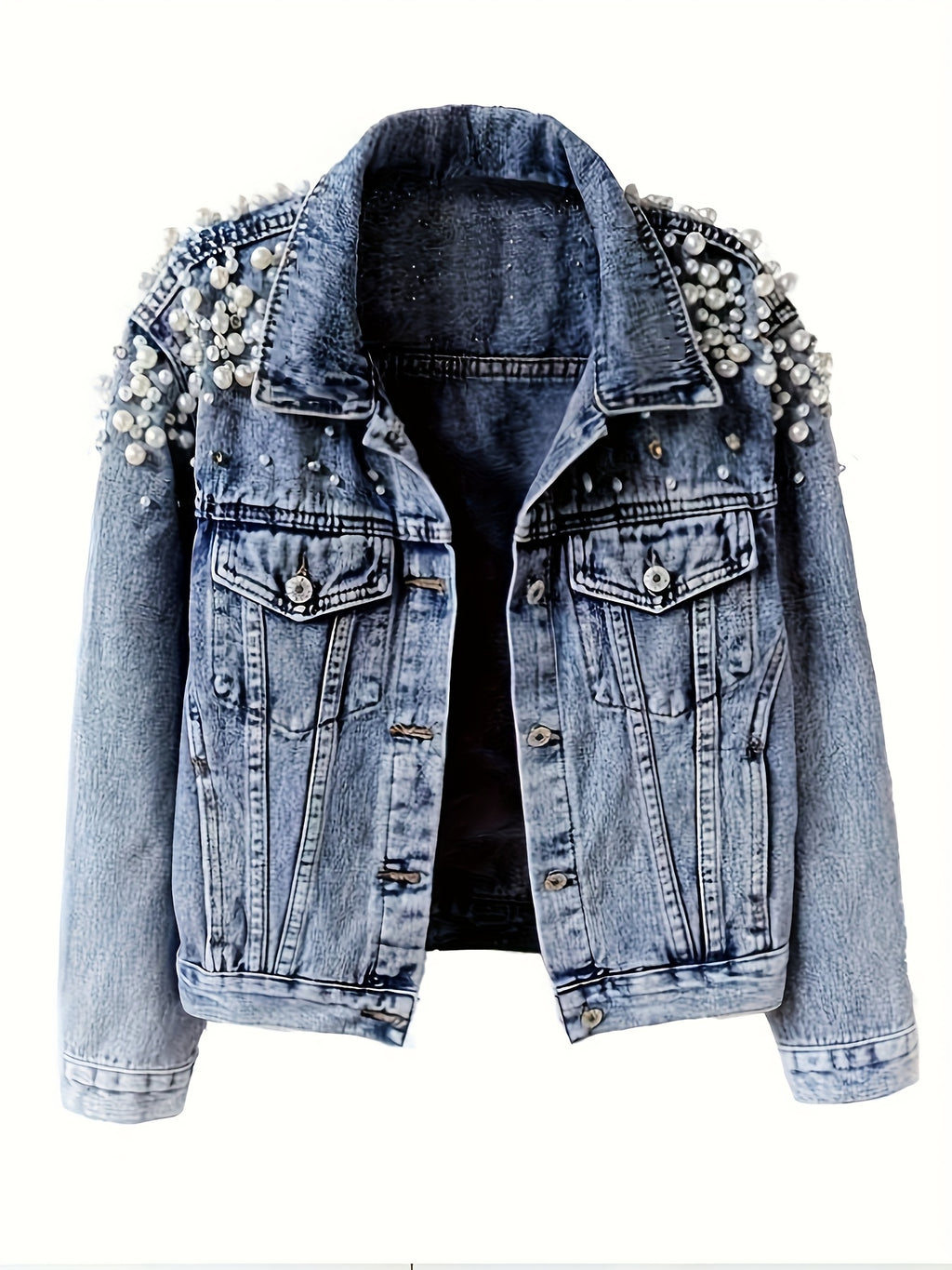 Pearl Neck Elastic Denim Jacket Women Loose Casual Long Coat Raglan Sleeve Lapel Flared Hem Light Blue Spring Autumn Outerwear