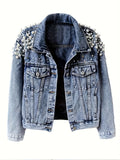 Pearl Neck Elastic Denim Jacket Women Loose Casual Long Coat Raglan Sleeve Lapel Flared Hem Light Blue Spring Autumn Outerwear