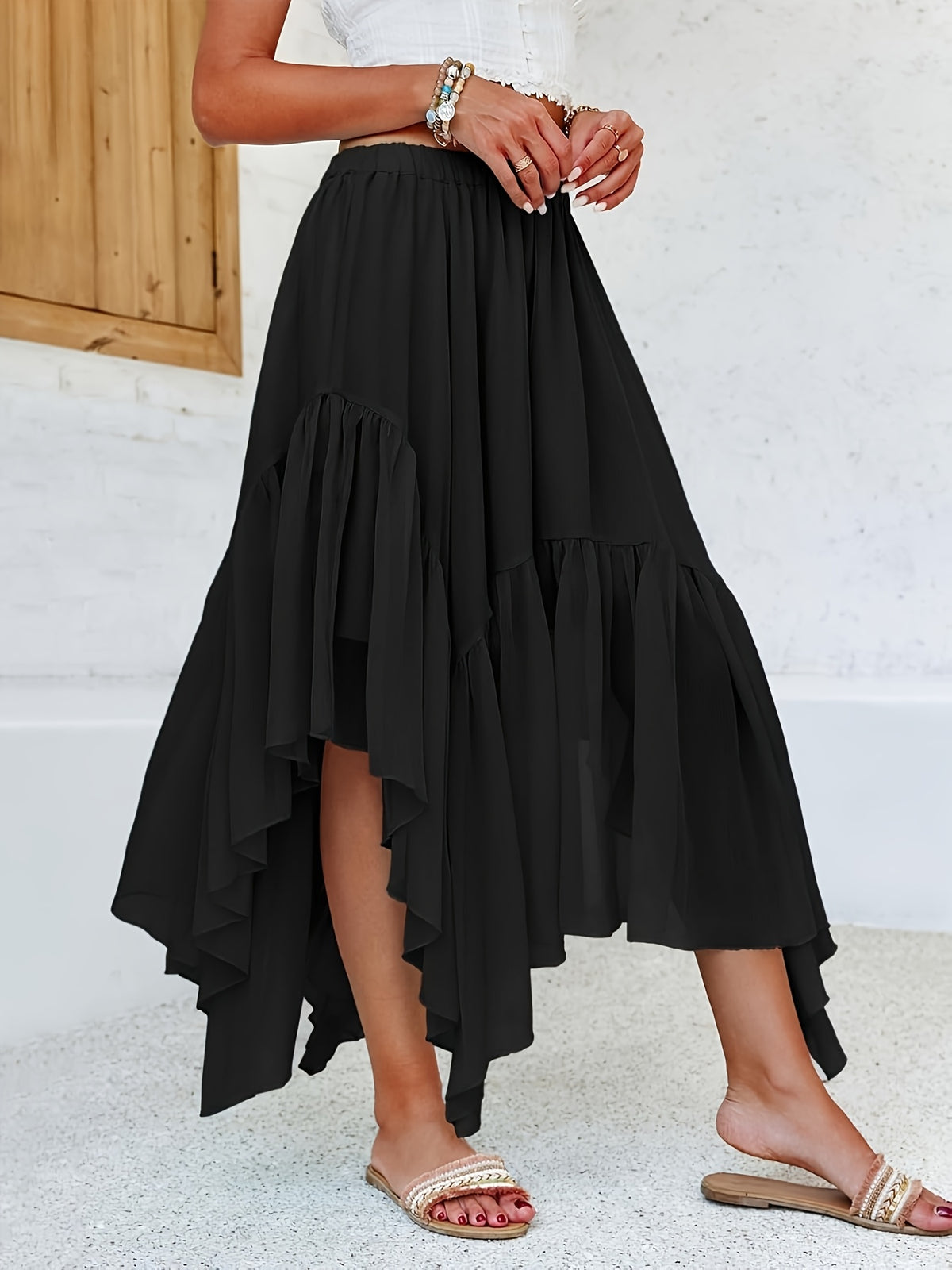 Boho Maxi Skirt for Women Asymmetric High Low Hem Flowy Long Skirt Summer Casual Bohemian Solid Color Woven Beige Black Navy Green S-XL