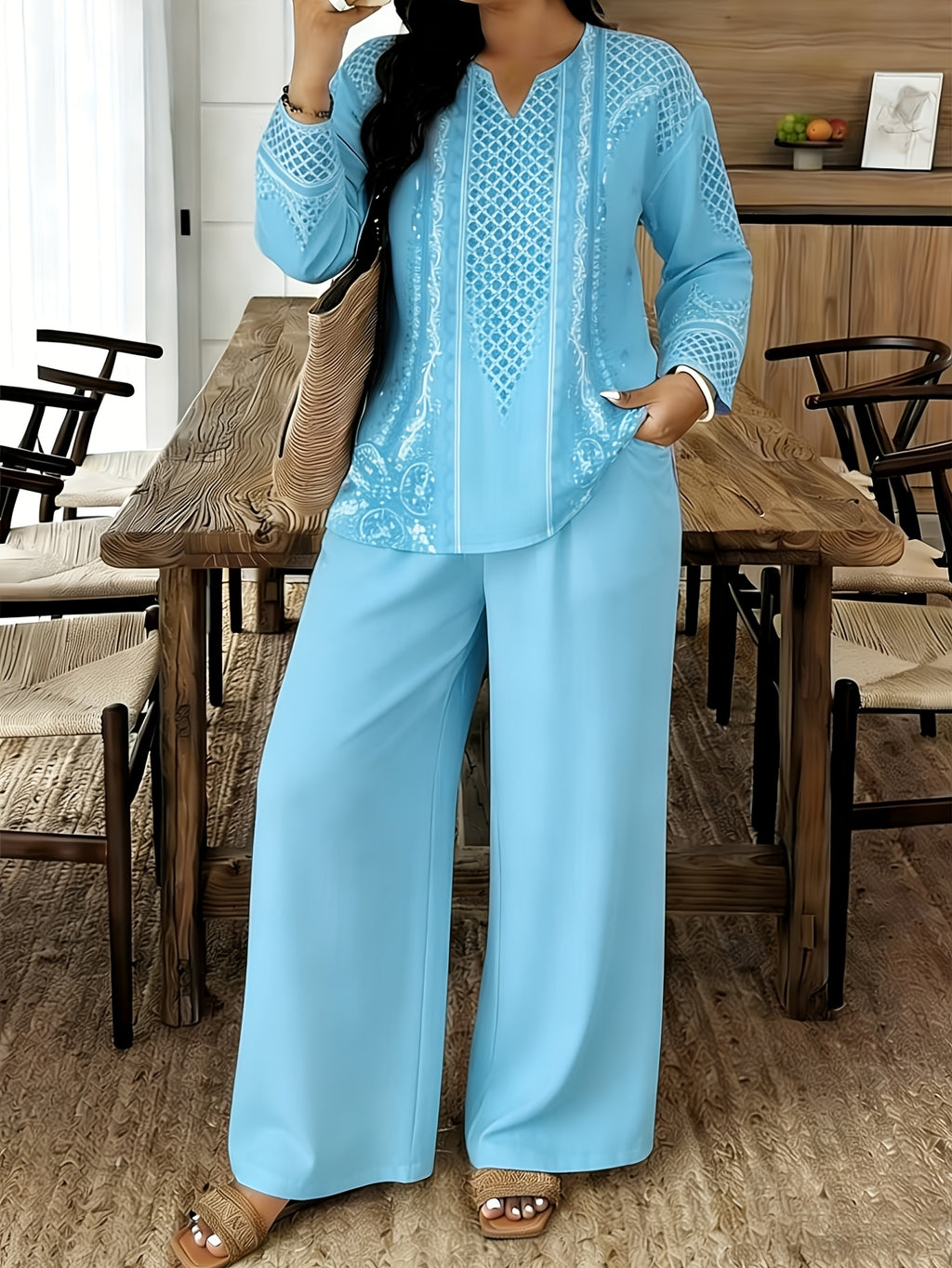 Women's 2-Piece Long Sleeve Printed Pants Set V-Neck Top Spring Summer Elegant Casual Outfit S-XXL