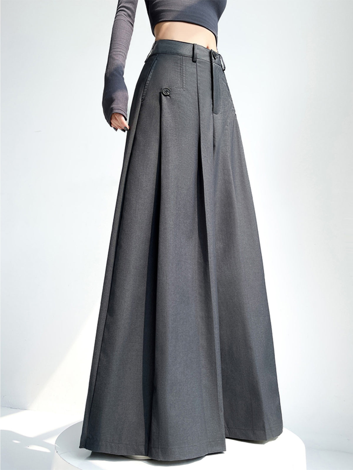 Pleated Wide Leg Pants Women High Waist Dark Grey Niche Design Trousers Spring Fall Date Occasion Chic Bottoms