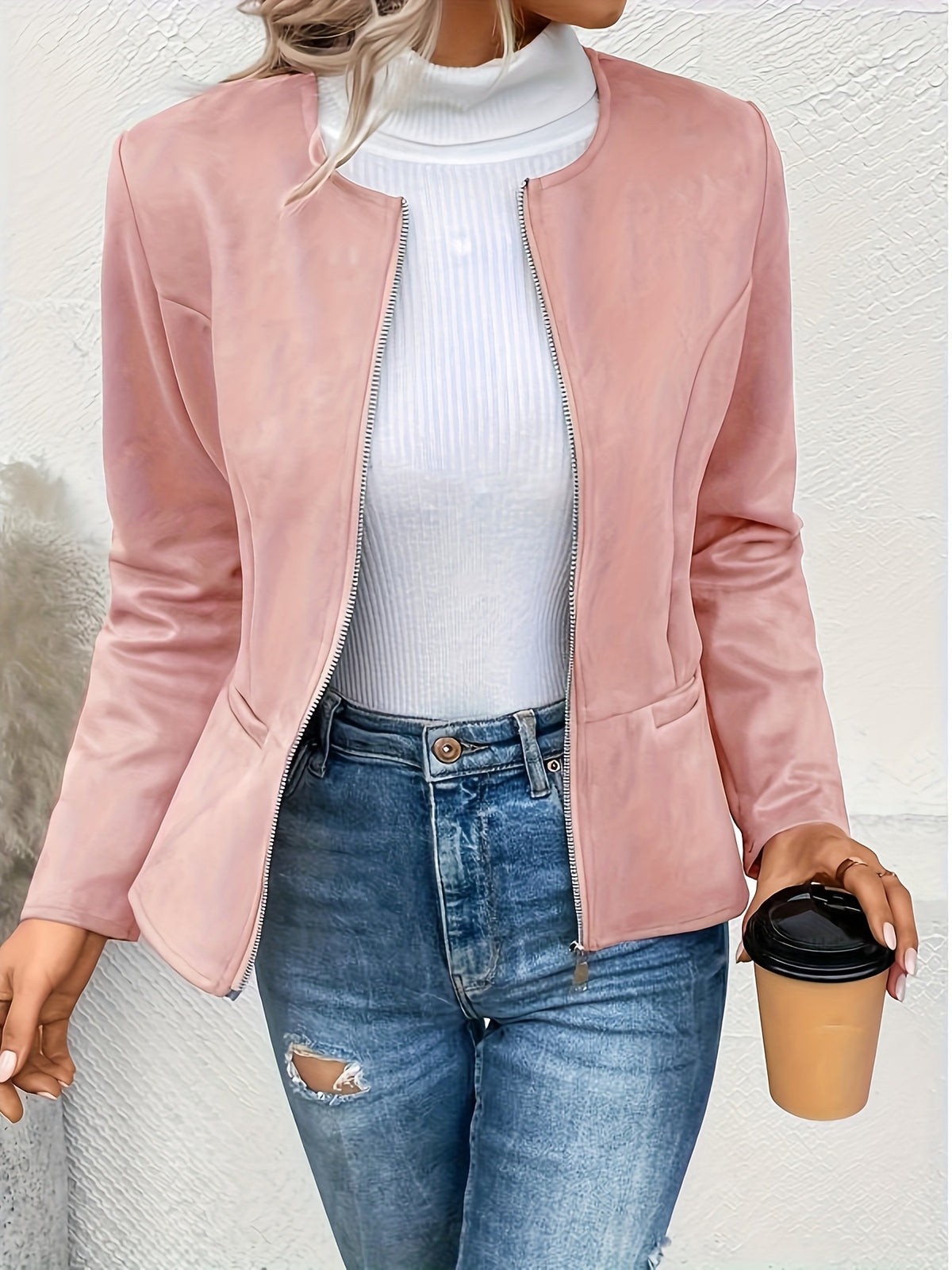 Slim Fit Zip Up Jacket for Women Round Neck Long Sleeve Casual Coat Solid Color All Season Versatile