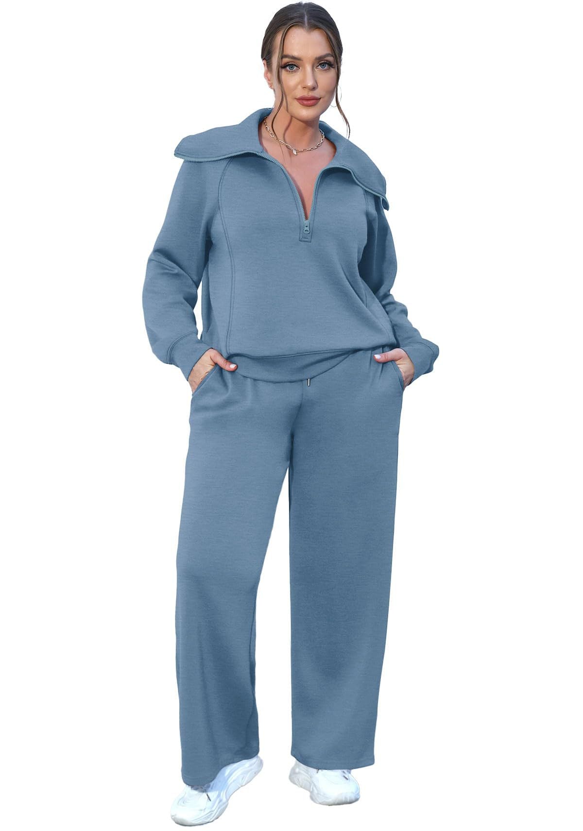 Zipper Sweatshirt Wide-Leg Pants 2 Piece Set Women Casual Tracksuit Outfit for Spring Fall - Loose Fit Jogger Co-ord Set