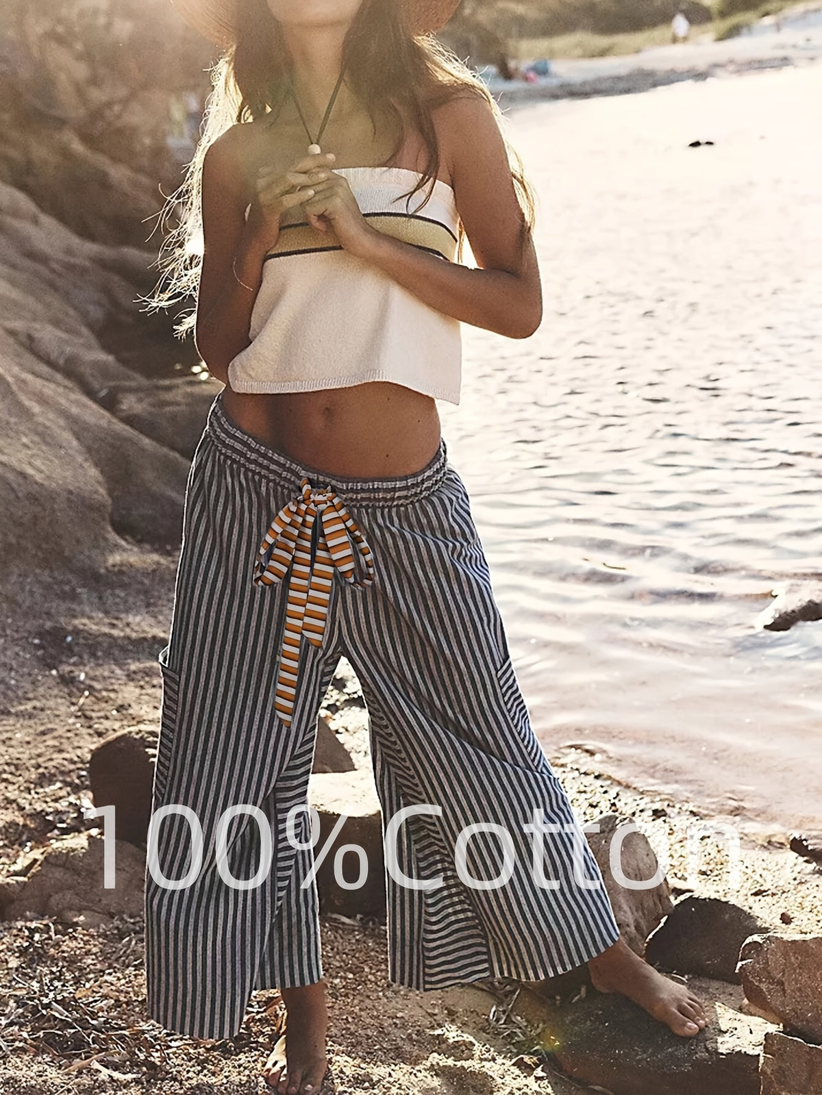 Striped Wide Leg Pants for Women – Horizontal Stripe Elastic Drawstring Waist Side Pockets, Casual Lounge Trousers Machine Washable Spring Summer Warm Weather Airy Comfortable Bottoms S-XXL