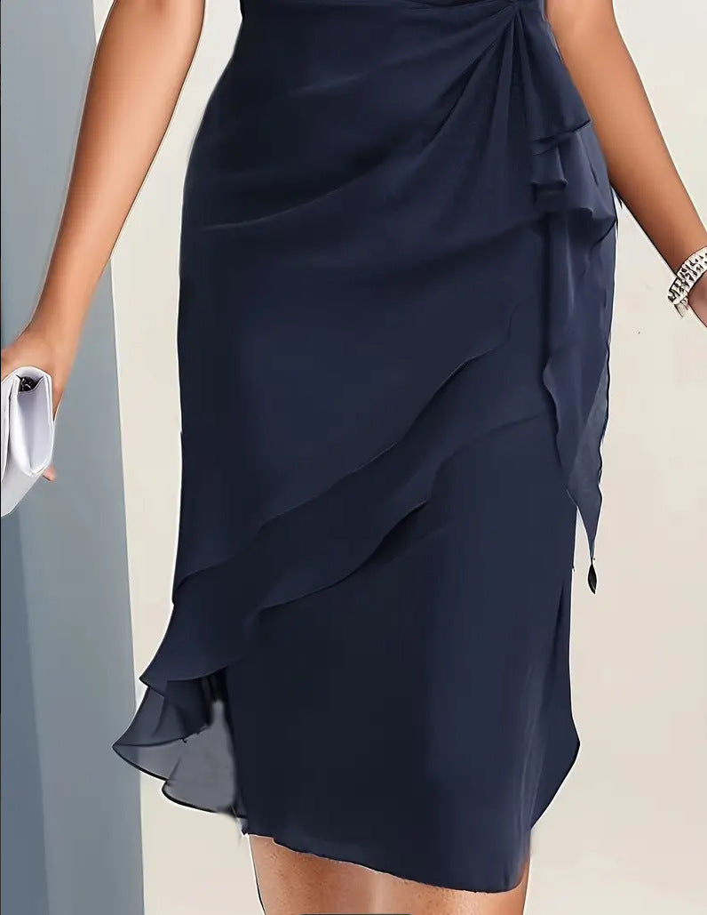 Chiffon Patchwork Dress for Women Slim Fit Round Neck Waist Twist Asymmetrical Ruffle Hem Wedding Guest Evening Party