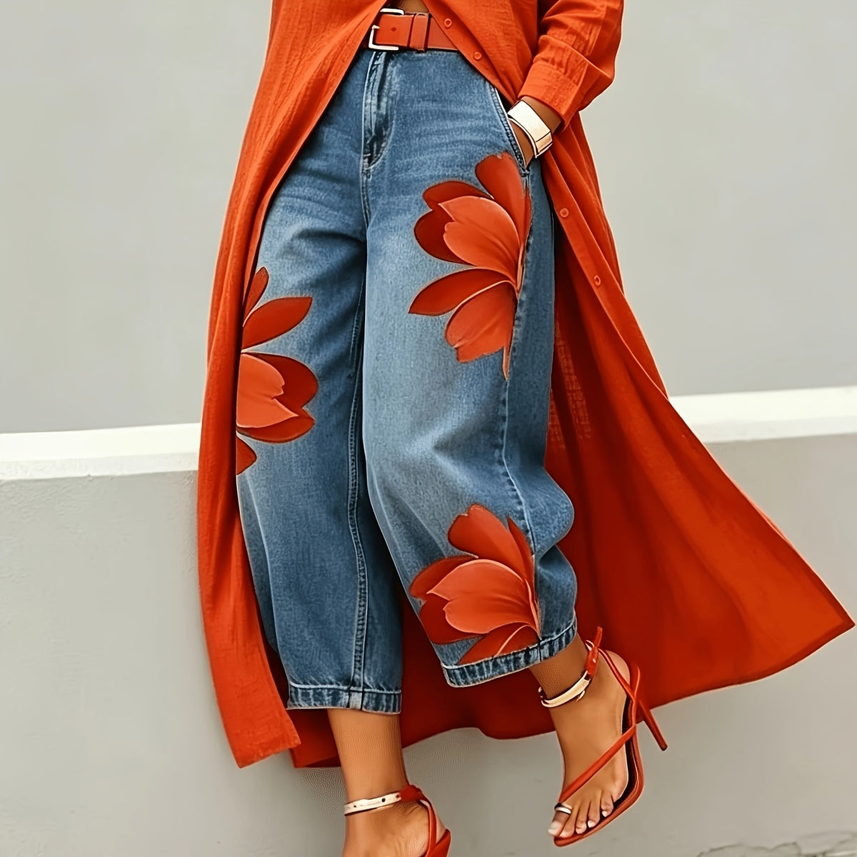 Floral Print Denim Wide Leg Pants Women Loose Fit Summer Casual Comfortable Boho Beach Trousers S-XXL