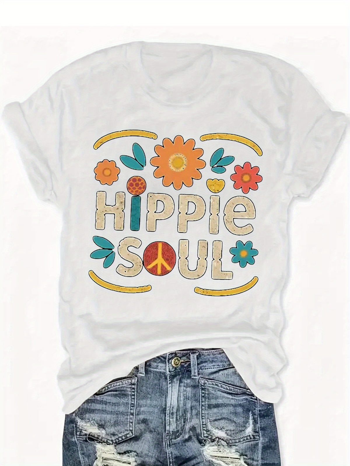 Hippie Soul Boho Graphic Tee Women Vintage Floral Print Festival Casual Comfortable Blend T-Shirt 5 Colors S-XXL