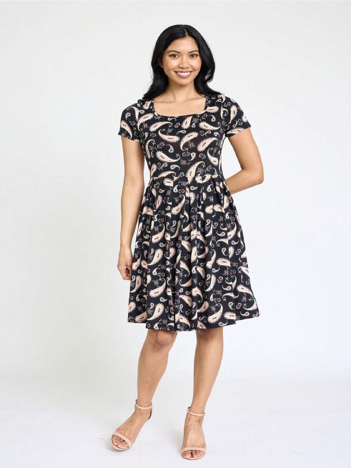 Paisley Floral Swing Dress Women Chevron Stripe Patchwork Pleated Square Neck Elastic Waist Midi Casual Plus Size S-3X