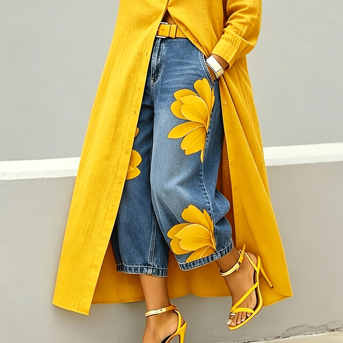 Floral Print Denim Wide Leg Pants Women Loose Fit Summer Casual Comfortable Boho Beach Trousers S-XXL
