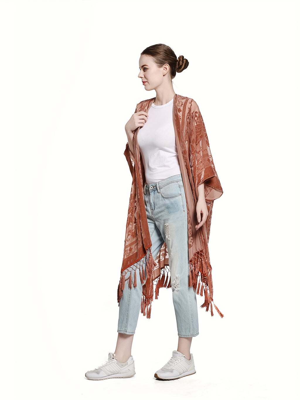 Boho Burnout Velvet Kimono Women Long Cardigan Cover Up Tassel Floral Embroidered One Size