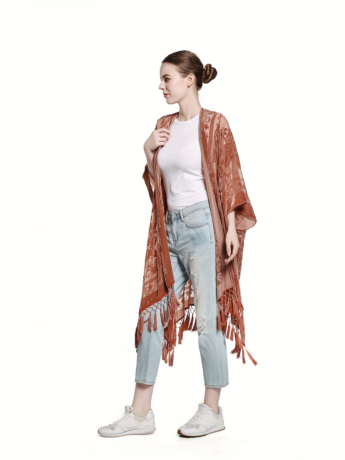 Boho Burnout Velvet Kimono Women Long Cardigan Cover Up Tassel Floral Embroidered One Size