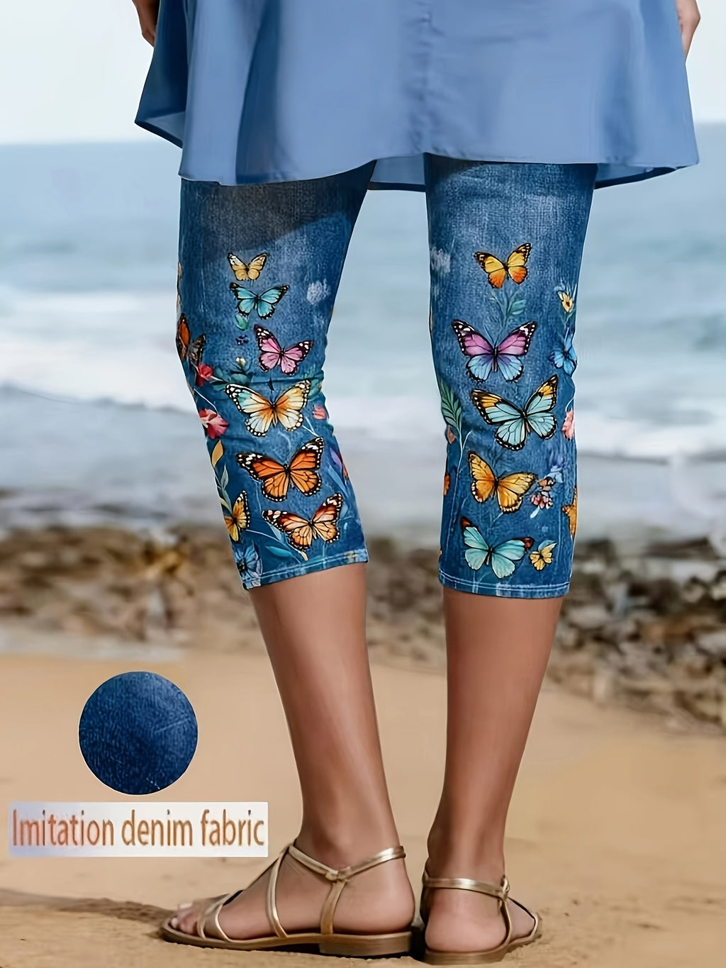 Butterfly Print Shorts Women Stretch Mid-Length Royal Blue Spring Summer Beach Casual Vacation S-XXL