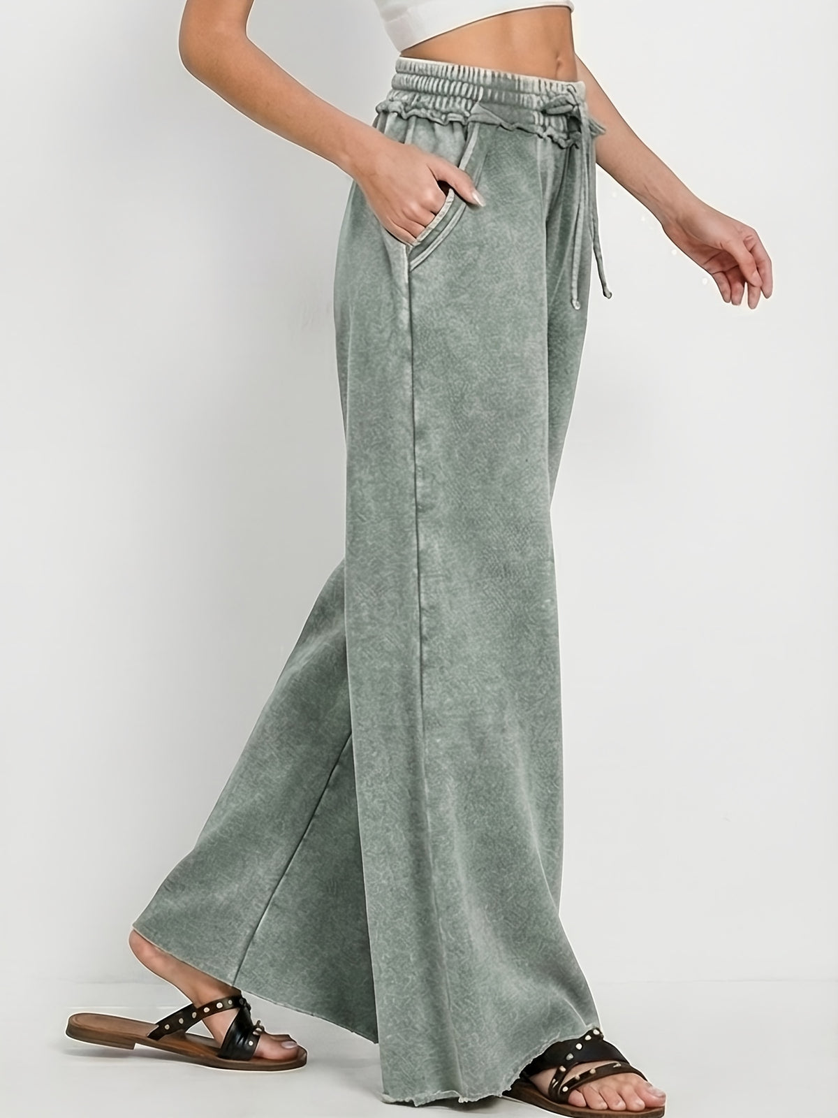 Acid Wash Palazzo Sweatpants Women High Waist Drawstring Wide Leg Pants Pockets Black Blue Sage Green