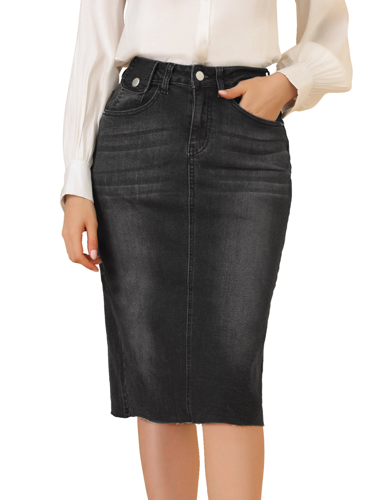 High Waist Denim Midi Skirt Women A-Line Back Slit Stretch Casual Jean Skirt Raw Hem Flared Spring Summer 2025