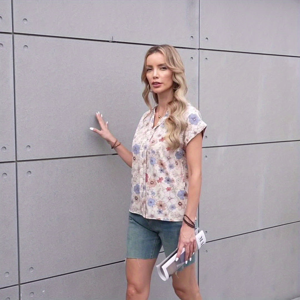 Vintage Floral Print Blouse Women V-Neck Notched Stand Collar Short Sleeve Ruffle Detail Textured Breathable Machine Washable Summer Casual Shirt