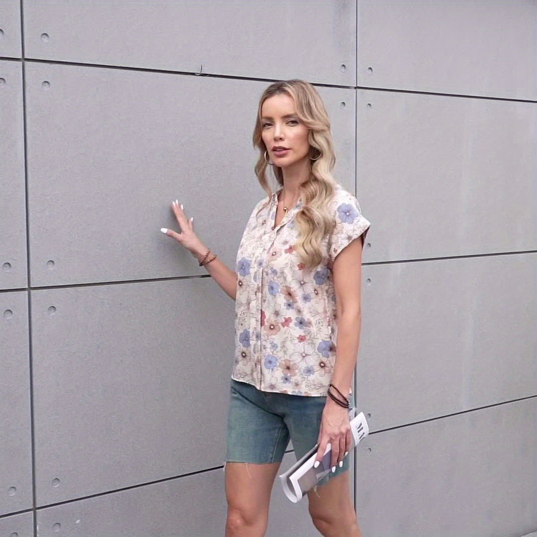 Vintage Floral Print Blouse Women V-Neck Notched Stand Collar Short Sleeve Ruffle Detail Textured Breathable Machine Washable Summer Casual Shirt