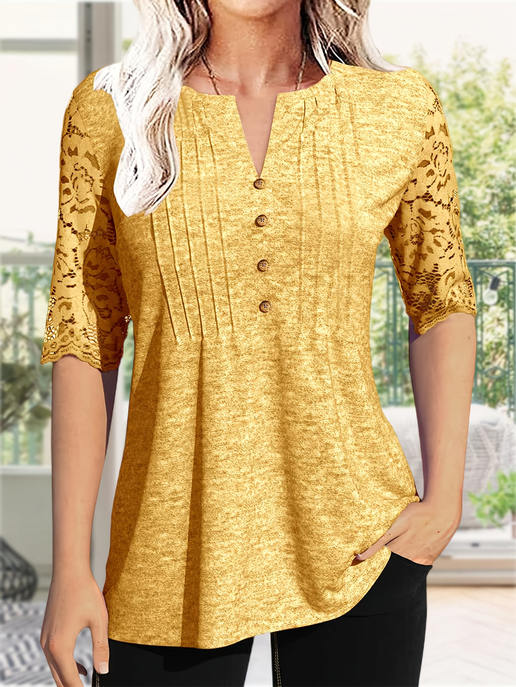 Button Front V-Neck Top Women Pleated Detail Short Sleeve Solid Color Casual Summer Blouse Lightweight Breathable Machine Washable
