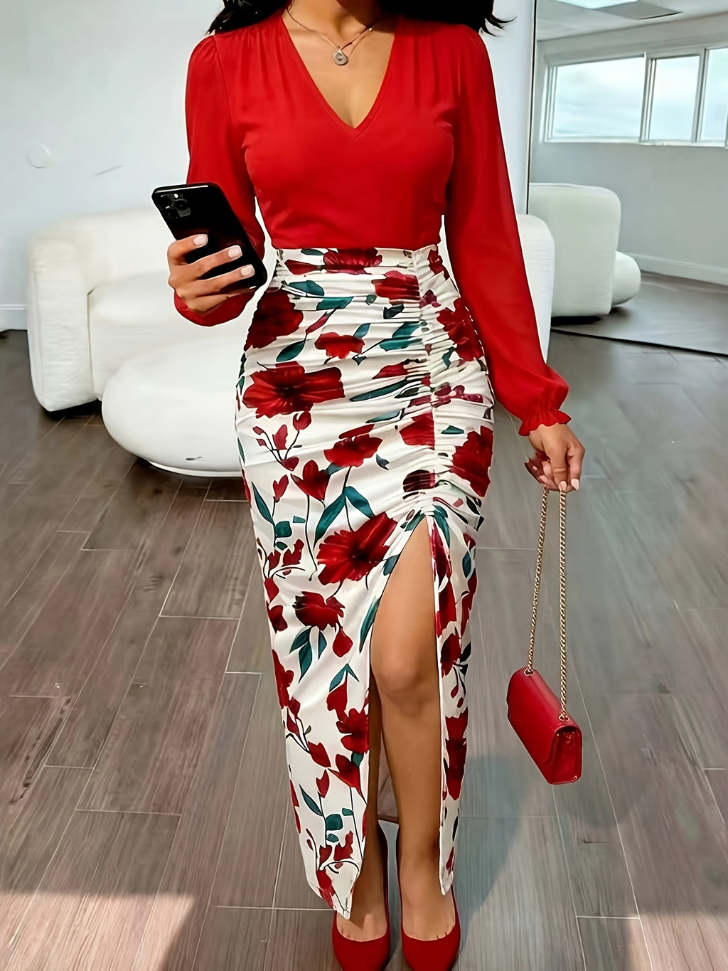 Floral Print Splicing Dress for Women Long Sleeve Drawstring Waist V-Neck Elegant Spring Fall Casual Midi Dress Stretchy Comfortable