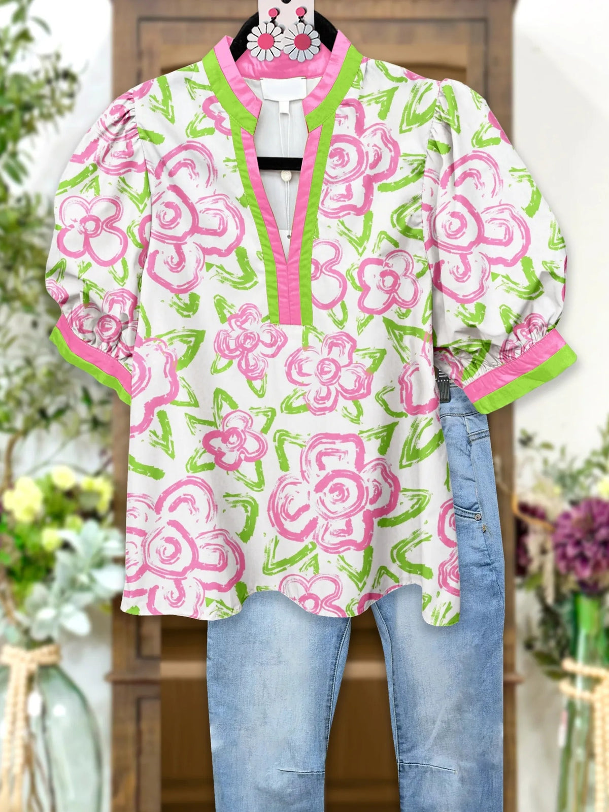 Floral Print Puff Sleeve Blouse Women Vintage V-Neck Loose Fit Casual Top Light Purple Multicolor