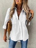 Long Sleeve Button-Up Shirt Women Chest Pocket Foldover Collar Solid Color Relaxed Fit Non-Stretch All Season Casual Blouse
