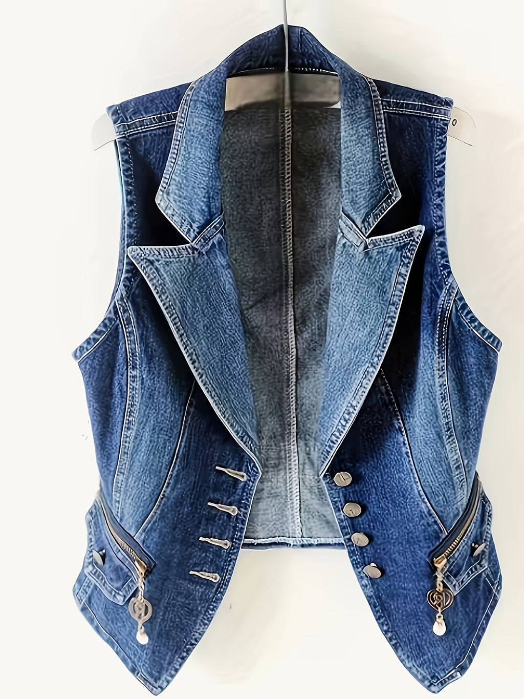 Denim Vest Women Deep Blue Button Sleeveless Jacket Structured Layering 300gsm S-XXL