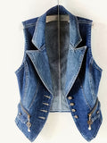Denim Vest Women Deep Blue Button Sleeveless Jacket Structured Layering 300gsm S-XXL