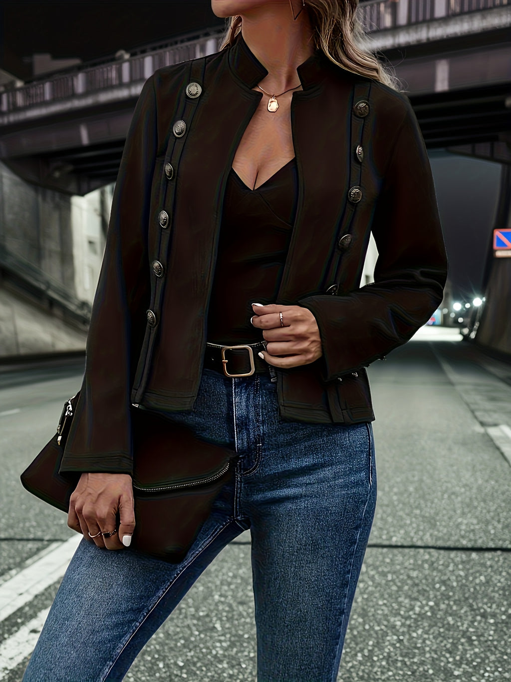 Women's Vintage Double Breasted Jacket Long Sleeve Woven Outwear Elegant Coat Spring Fall S-XXL