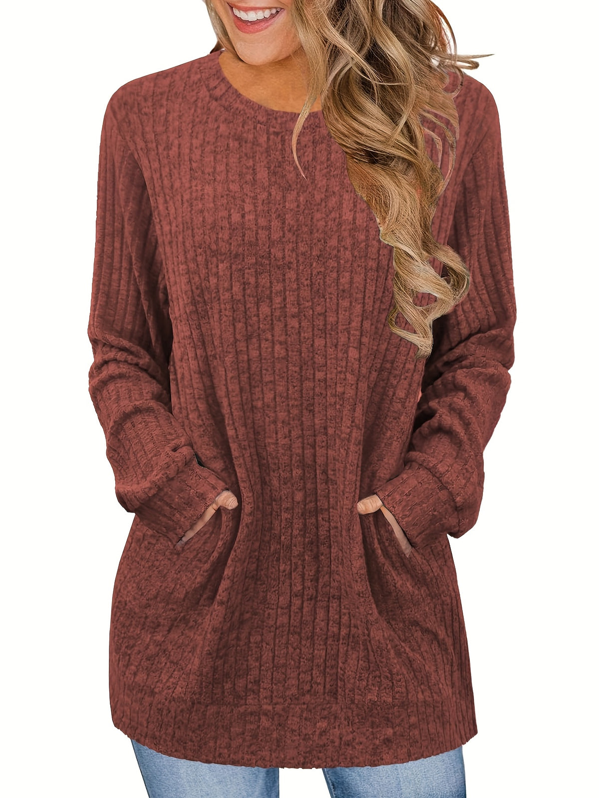 Oversized Sweater Dress Women Beige Long Sleeve Round Neck Tunic Pockets Cozy Casual All Season Machine Washable S-XXL