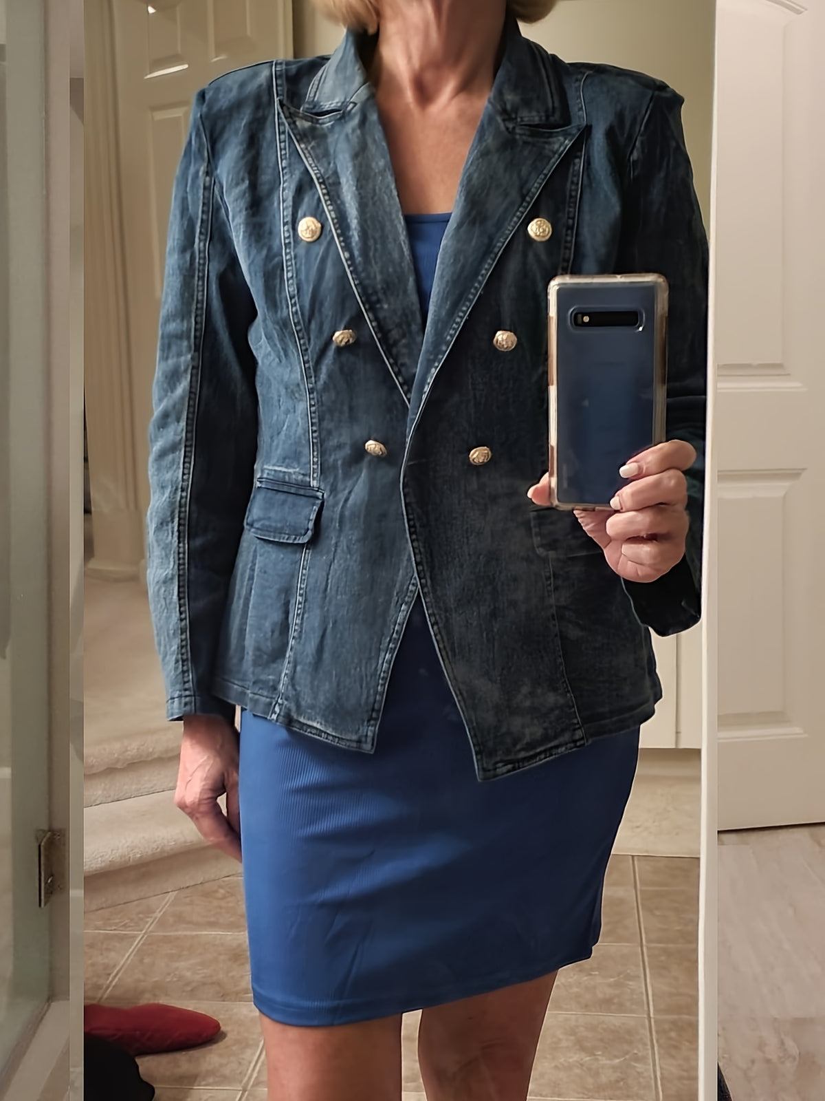 Denim Blazer Women Business Casual Lapel Double Breasted Long Sleeve Jean Jacket Structured Coat for Work Office Everyday Wear