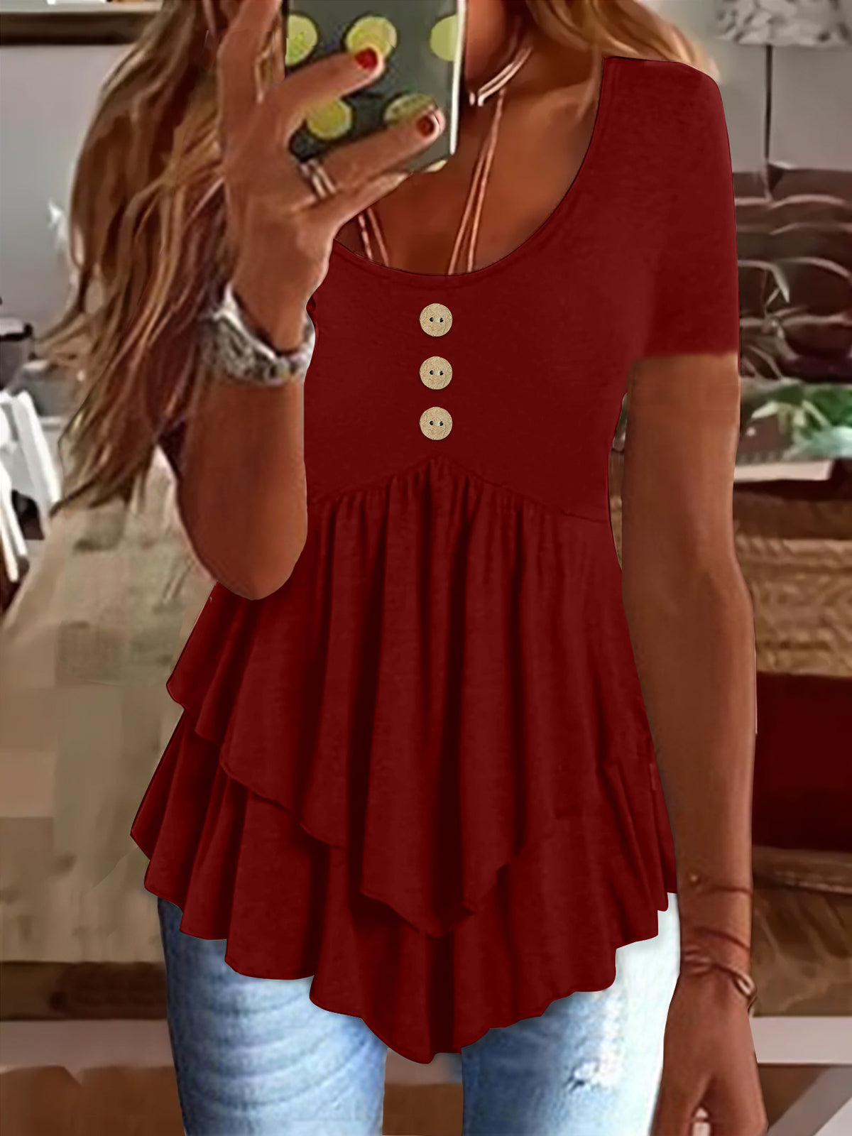 Women's Short Sleeve Round Neck Ruffle Button Blouse Casual Versatile Top for Daily Wear Multi-Color S-XXL