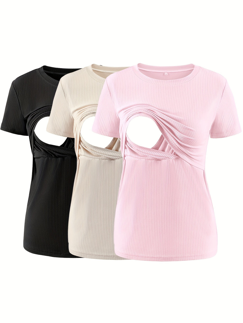 3-Pack Maternity Nursing T-Shirts for Women - Soft Rayon Spandex Breastfeeding Tops, Double Layer Short Sleeve Pregnancy Tee, Round Neck Postpartum Shirt, Sizes S-XL