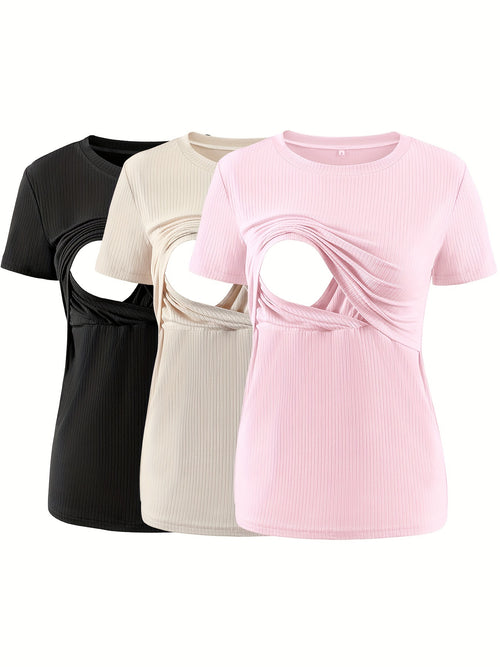 3-Pack Maternity Nursing T-Shirts for Women - Soft Rayon Spandex Breastfeeding Tops, Double Layer Short Sleeve Pregnancy Tee, Round Neck Postpartum Shirt, Sizes S-XL