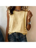 Button Trim Solid Loose Tee Women Round Neck Short Sleeve Casual 100% Polyester Relaxed Fit Daily Commute Top Summer S-XXL