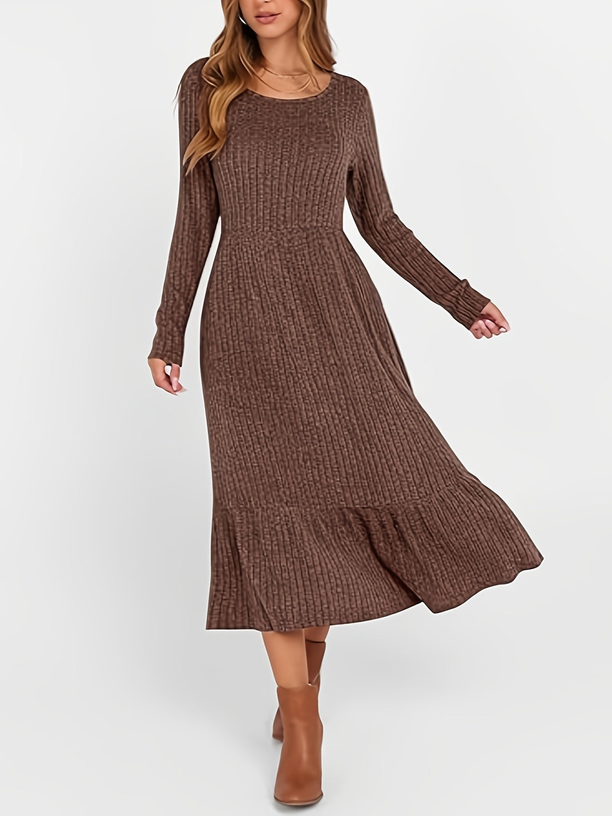 Ribbed Knit Maxi Dress Women Crew Neck Waist Cinched Pocket Warm Flattering Fall Winter Casual Office Daily Solid Color 100% Polyester