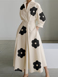 Floral Shirt Dress for Women Long Sleeve Pleated Tied Waist Lapel Midi Dress Contrast Color Loose Casual Elegant Spring Fall Fashion