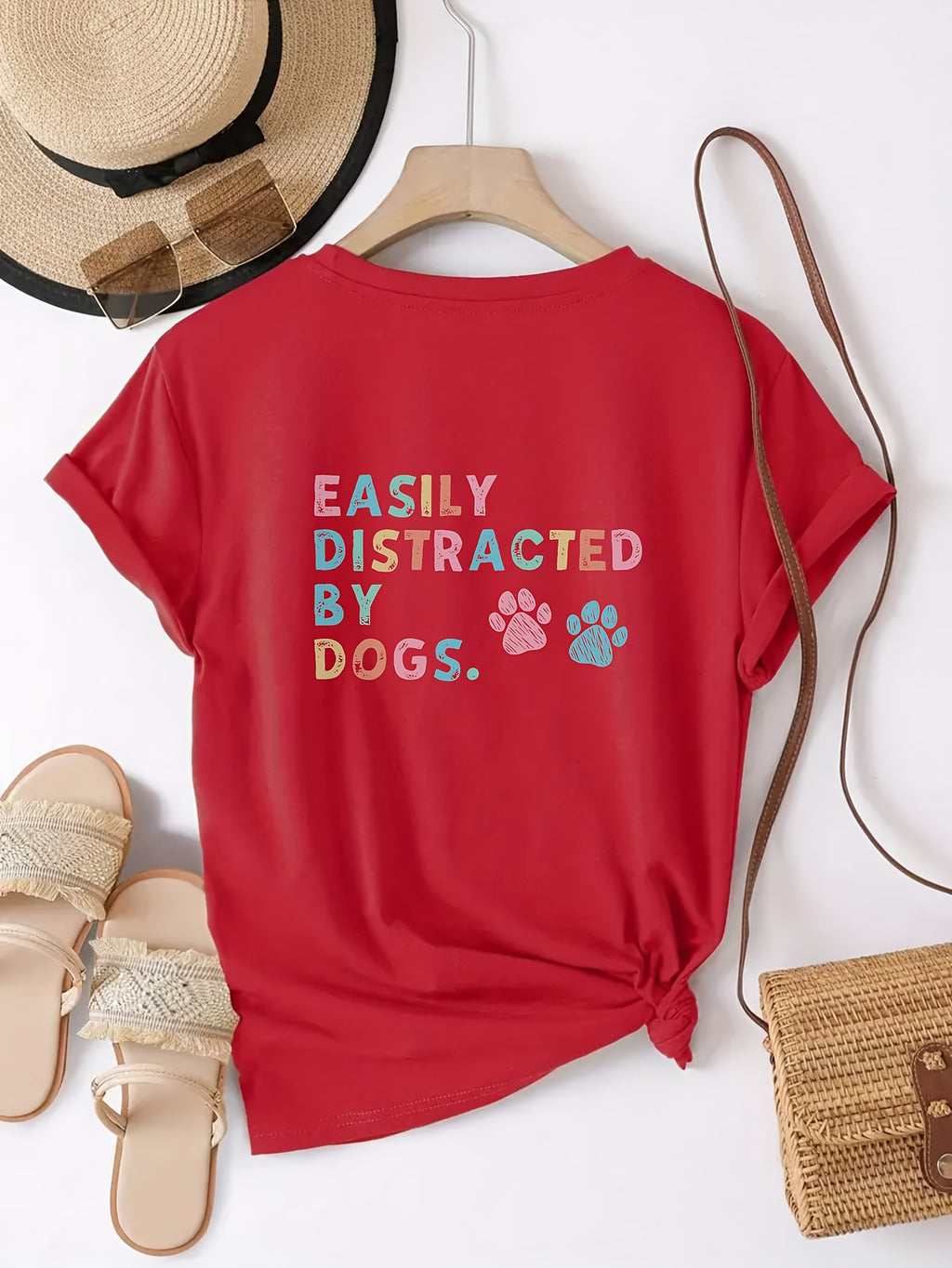 Dog Lover T-Shirt Easily Distracted by Dogs Paw Print Graphic Tee Women Short Sleeve Crew Neck Casual Summer Top Pet Owner Gift Burgundy White Apricot Red