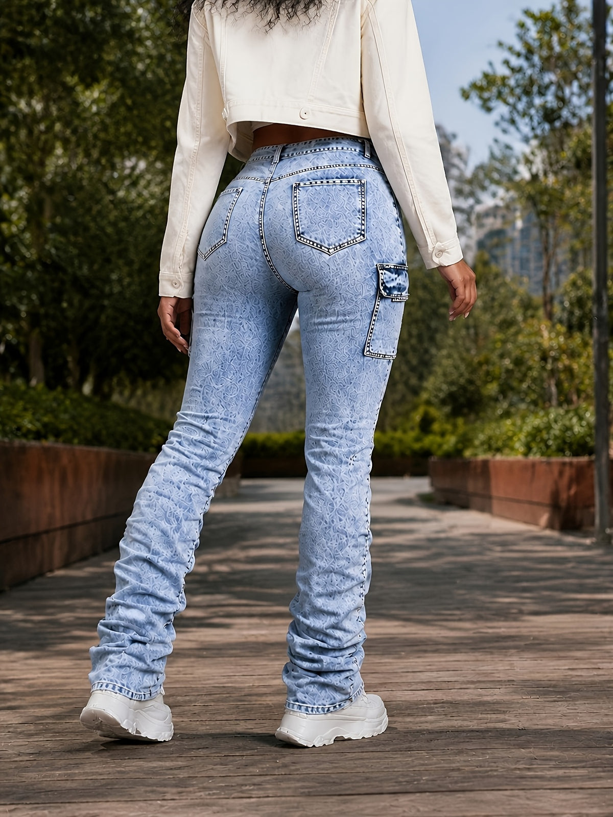 High Waist Stretch Jeans Women - Sky Blue Casual Denim Pants, Comfortable Slim Fit Machine Washable Streetwear Bottoms for Spring Summer Fall