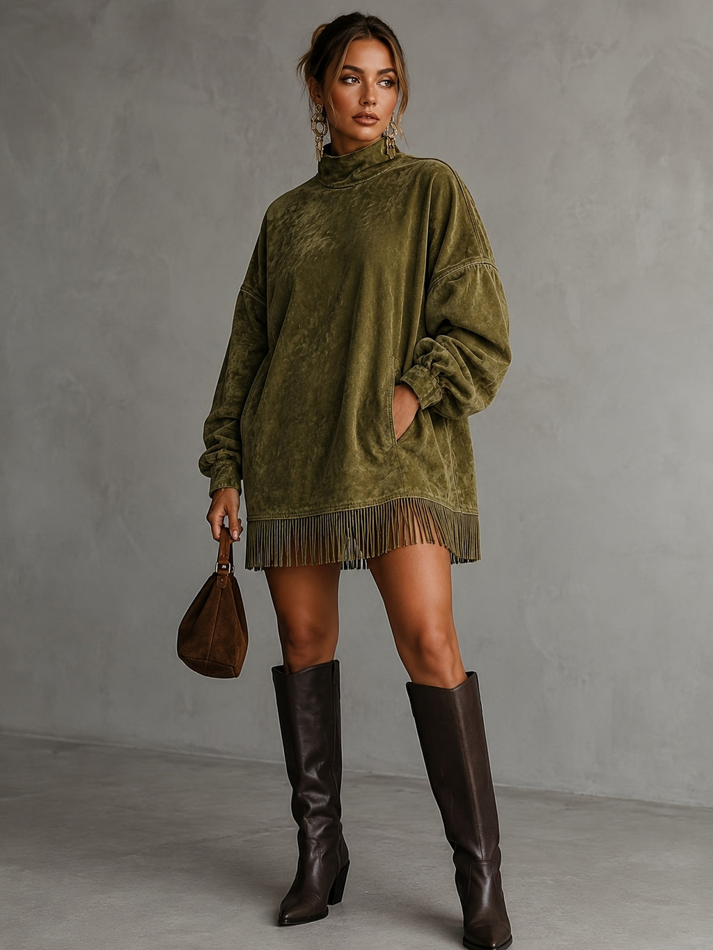 Fringed High Neck Long Sleeve Midi Dress Women | Retro Tassel Pleated Skirt | Loose Casual Dress XS-L