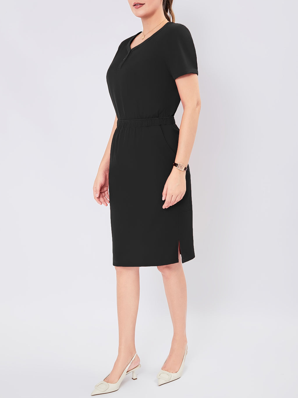 Women's V-Neck Scrub Set Short Sleeve Medical Uniform Beauty Salon Polyester Solid Color Top & Skirt with Pockets