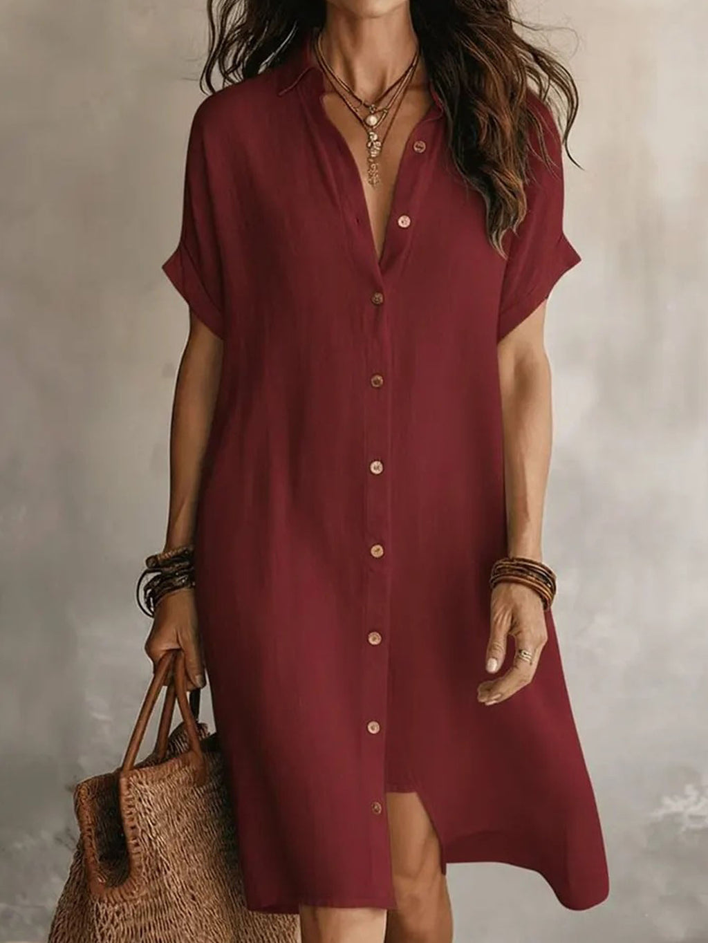 Solid Color Shirt Dress Women Short Sleeve Buttoned Lapel Collar Midi Length Casual Semi-Formal Versatile Dress for Women