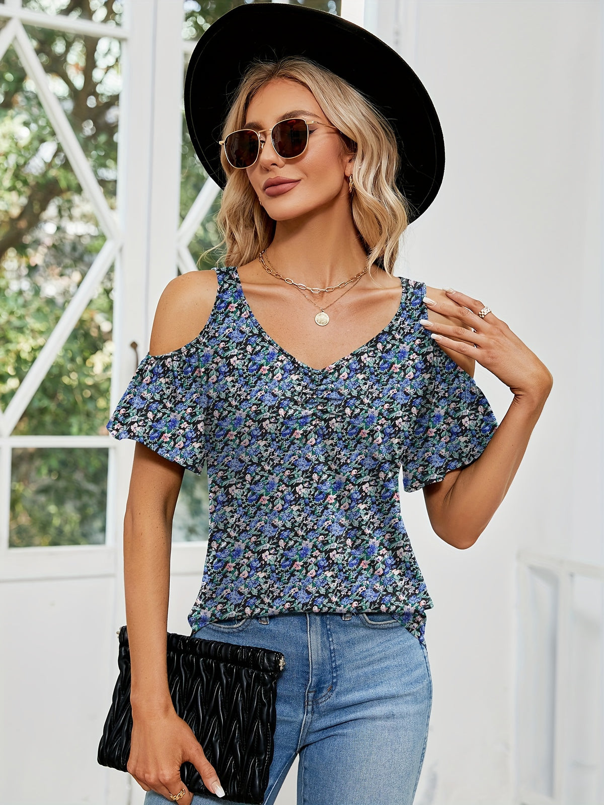 Cold Shoulder Tops for Women Floral Ruched V-Neck Blouse Short Sleeve Summer Tunic Shirt Casual Cute