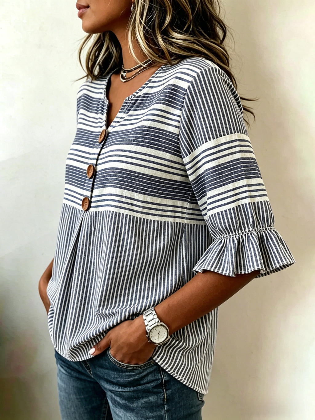 Striped V-Neck Blouse Women Ruffle 3/4 Sleeve Loose Fit Tunic Top Lightweight Linen Button Detail Summer Shirt S-2XL