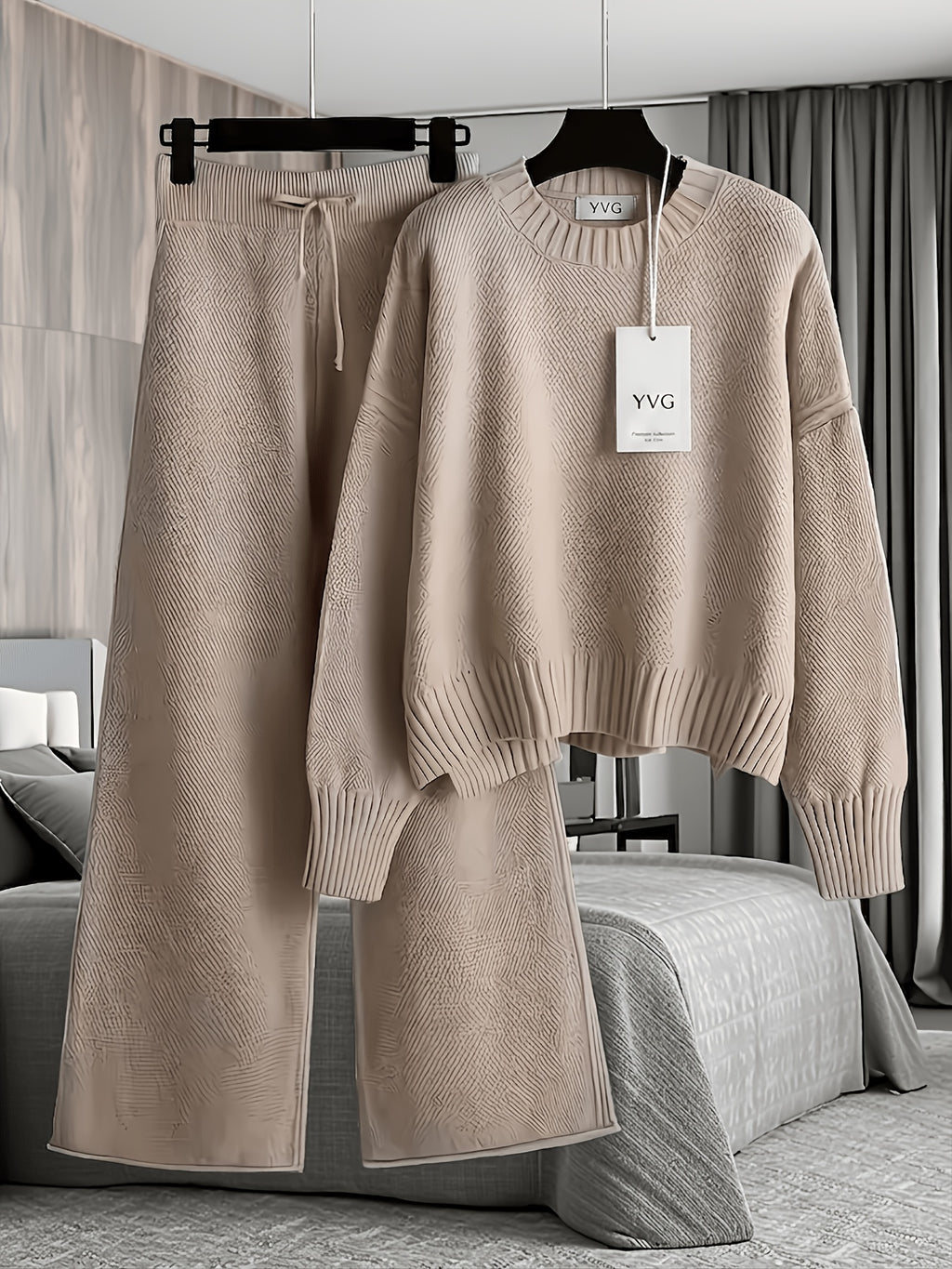 Waffle Texture Two-Piece Set Women Long Sleeve Hoodie High Waist Wide Leg Pants Casual Loose Retro Fall Tracksuit Set S-XXL