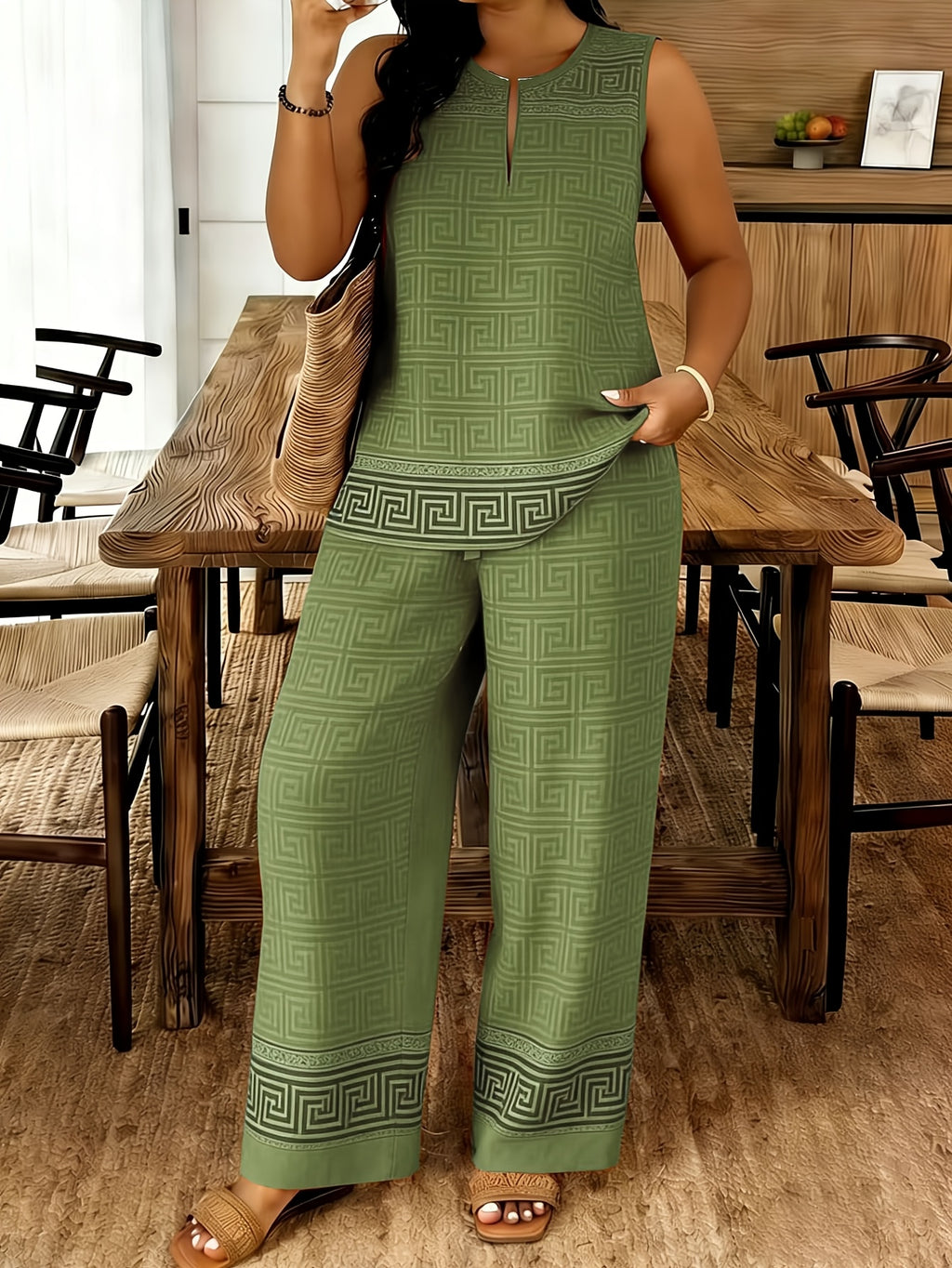 Full Print 2 Piece Set Women Sleeveless Loose Top Straight Leg Pants | Elegant Casual Summer Matching Outfit Two-Piece Trousers Set S-XXL
