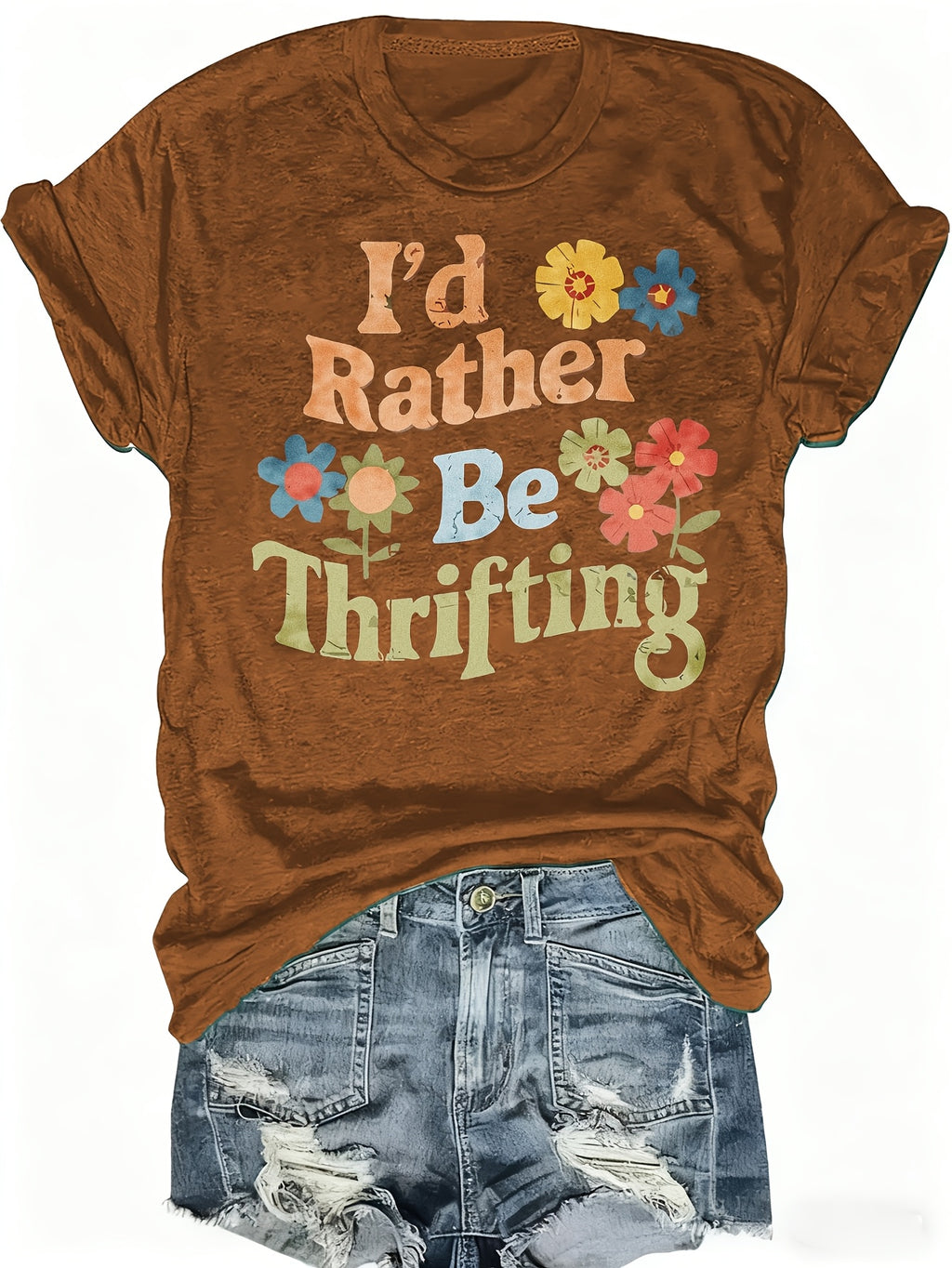 Women's 'I'd Rather Be Thrifting' Graphic Tee Vintage Crew Neck Short Sleeve Casual T-Shirt Navy Red S-XXL