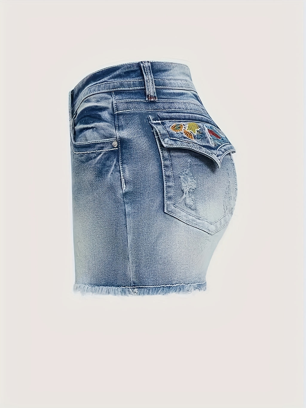 Stretch Denim Shorts for Women - Retro Color Block Embroidery Mid Rise Slim Fit, Built-In Zipper Machine Washable Cotton Blue Casual Jean Shorts for Spring Summer
